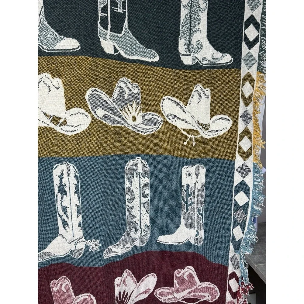 Vintage Western Cowboy Boots Tapestry Afghan Fringe Throw Cowgirl Ranch Decor